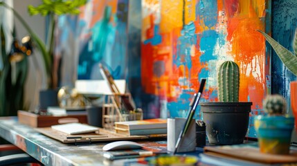 A close-up shot of a stylish, modern workspace with vibrant abstract art on the walls.