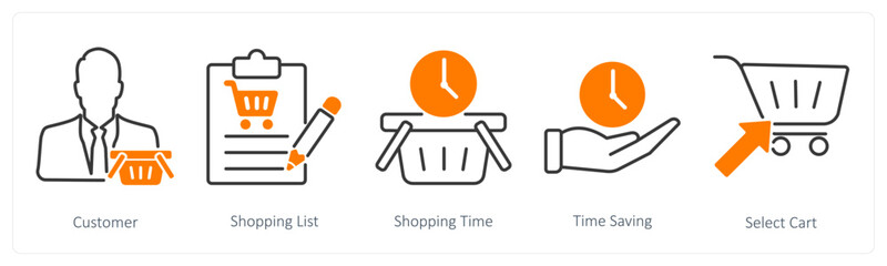 A set of 5 Shopping icons as customer, shopping list, shopping time