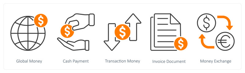 A set of 5 Shopping icons as global money, cash payment, transaction money