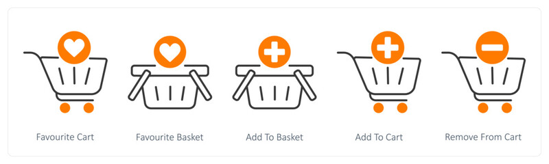 A set of 5 Shopping icons as favorite cart, favorite basket, add to basket