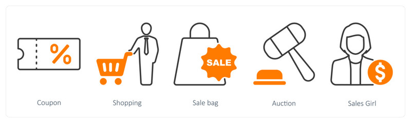 A set of 5 Shopping icons as coupon, shopping, sale bag
