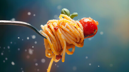 Homemade sausage and tomato spaghetti, Noodles spaghetti on a fork