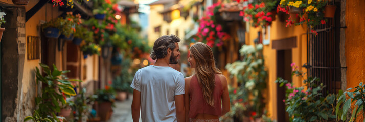 Obraz premium A romantic couple embraces affectionately on a summer evening in the city, expressing their love.