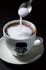 Unhealthy white sugar concept. Poruing to much sugar in a cup of coffee. Ai generative