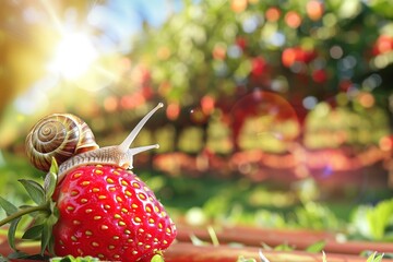 A close-up of a snail on a ripe strawberry with a sunlit garden background, creating a vibrant and fresh outdoor scene. - Powered by Adobe