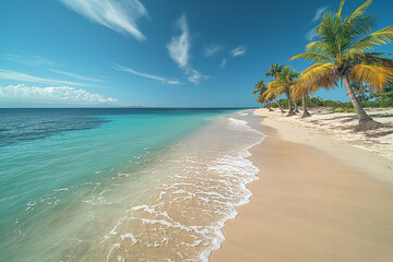 A paradisiacal beach scene with turquoise waters, white sands, and swaying palm trees, embodying tropical paradise.