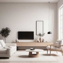 a living room with minimalist furniture with white mockup