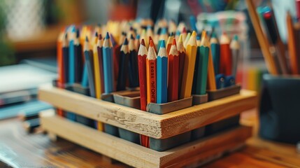 A close-up of a desk organizer filled with pens, pencils, and other office supplies.