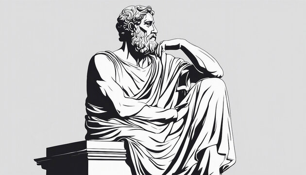statue of a Greek philosopher in contemplation, isolated white background, line art style
