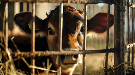 Close up little brown calf cow in cage, Dairy cattle breeds, Livestock farming