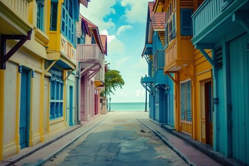 Fototapeta premium Colorful seaside street with vibrant houses leading to a calm beach and clear blue ocean under a bright sky.