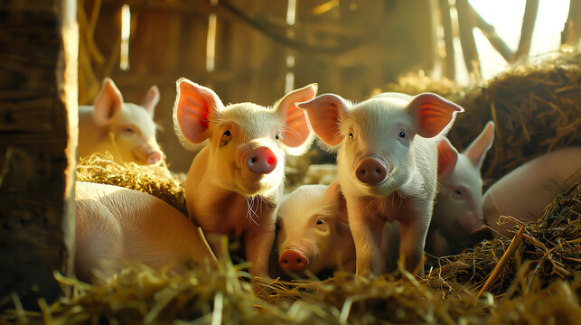 Small piglets waiting for food in the farm or pigs in the stable are eating and growing to send to the slaughterhouse into the pig industry