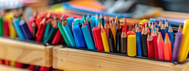 A close-up of a desk organizer filled with pens, pencils, and other office supplies.
