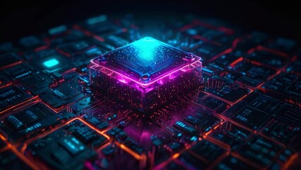 The intricate design of CPUs, microchips, computing processors, and electronic circuit boards, presented in an advanced technology looping video by generative AI. - Powered by Adobe