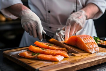 Chef slicing fresh salmon fillet on a wooden cutting board. The salmon is garnished with herbs and ready for cooking or sushi preparation.