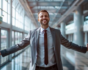 Fototapeta premium Confident Businessman Smiling in Modern Office Hallway Welcoming Gesture