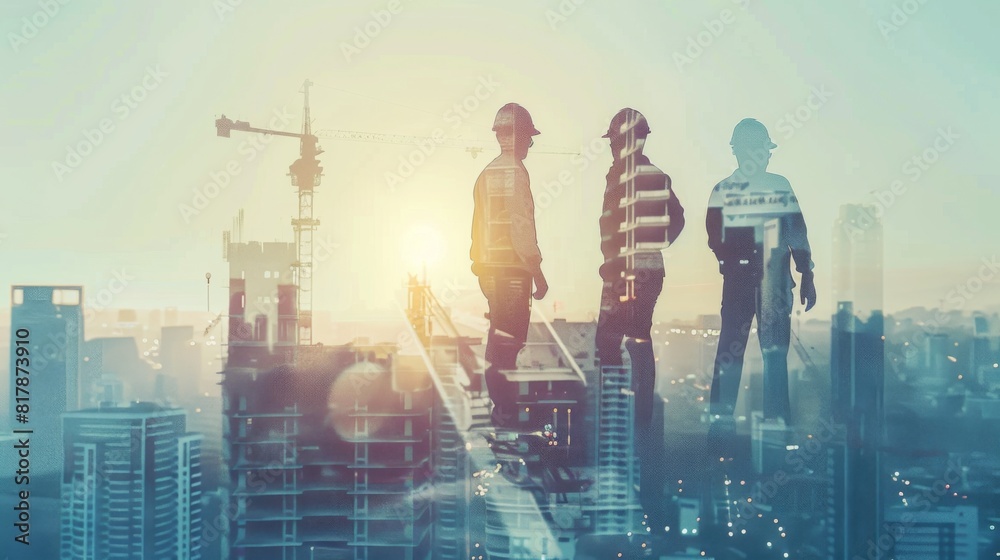 Poster team engineer building construction project with architect people or construction worker working wit