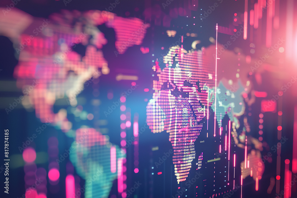 Wall mural global stock market overview map with international flags and data