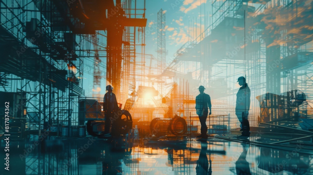 Poster team engineer building construction project with architect people or construction worker working wit