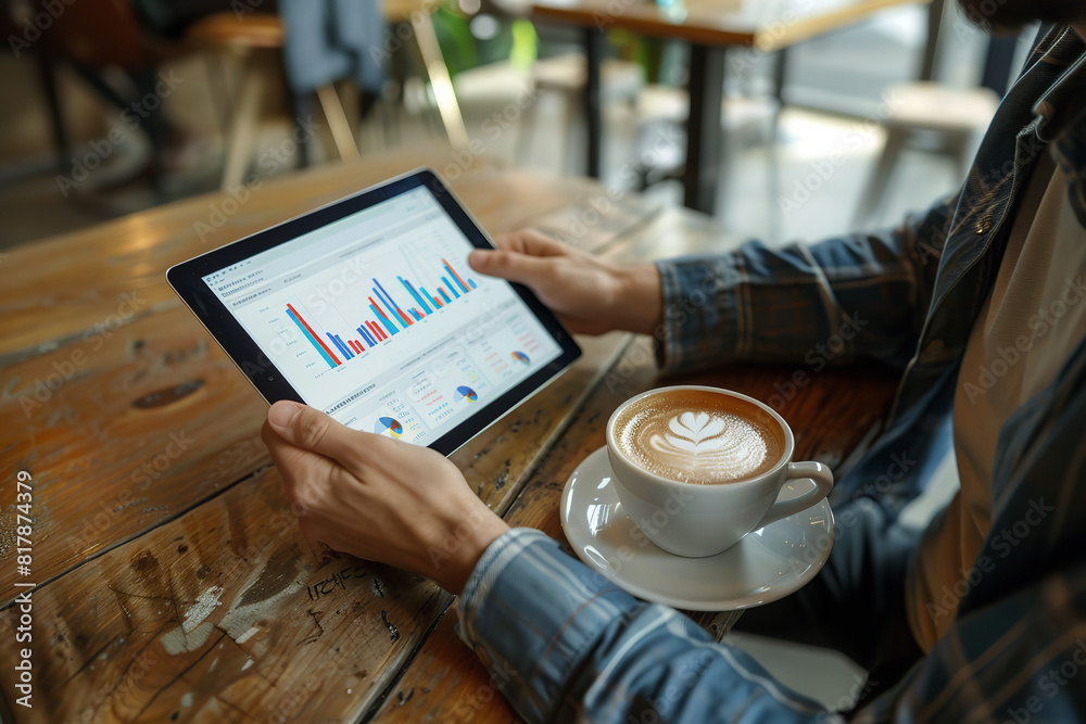 Poster Investor Reviewing Financial Data on Tablet in Cozy Coffee Shop  