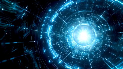 Fototapeta premium Futuristic digital vortex with glowing blue lights. Perfect for tech backgrounds or virtual reality designs. Modern digital art. AI
