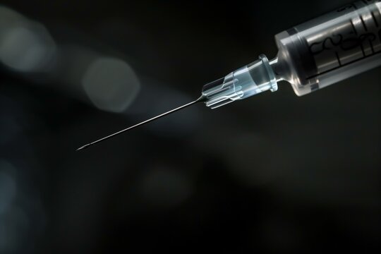 Close-up of a hypodermic needle and syringe, highlighting the sharp needle tip against a blurred, dark background, symbolizing medical procedures.