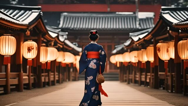 Traditional female geisha in a Japanese garden