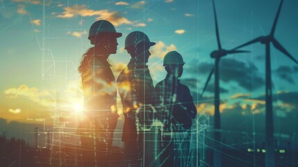 Team of Engineer people working in wind turbine and industrial with double exposure. Concept engineers.