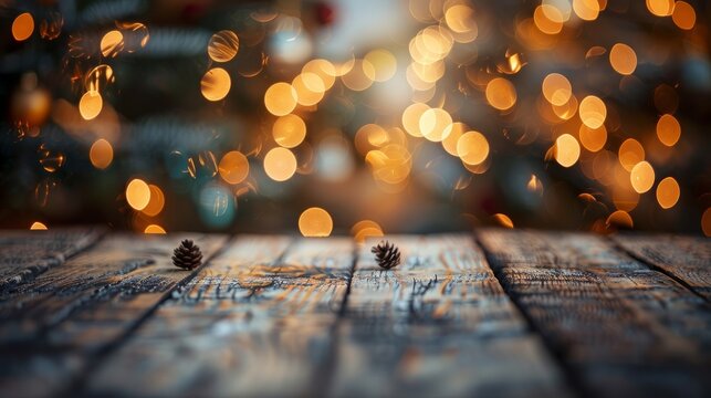 Christmas holiday background with empty wooden deck table over festive bokeh. Ready for product montage