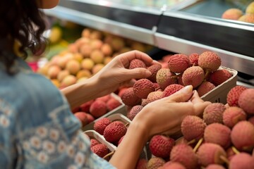 A person selecting fresh lychees from a fruit display in a grocery store, focusing on their hands...