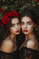 Obraz premium Gemini Astrology Sign Zodiac Theme: Chestnut Twin Ladies with Wreath of Red Flowers Against Foliage Background