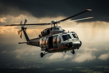 Helicopter flying in the sky. Military escort, patrolling of territories