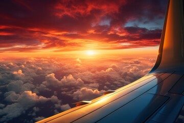 View from the window of an airplane flying above the clouds at sunset