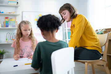 Fototapeta premium Teacher and students, Learn and study in a classroom of school where youngsters sit and listen attentively.