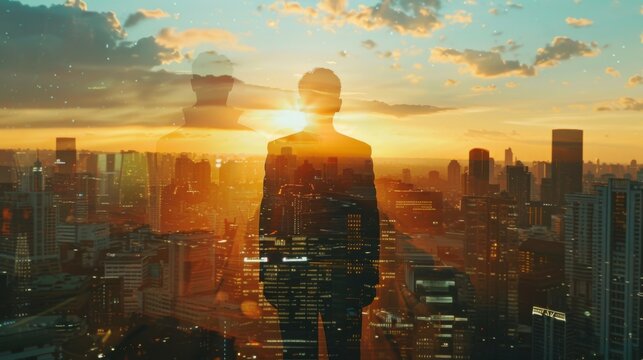The double exposure image of the businessman standing back during sunrise overlay with cityscape image