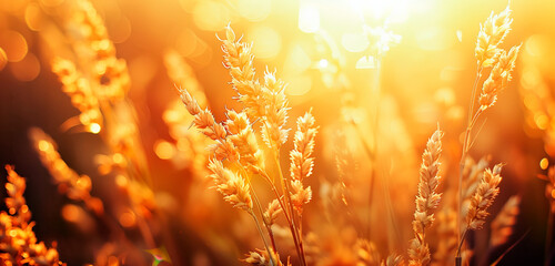 Fototapeta premium Beautiful wheat field at sunset. Golden wheat close up.