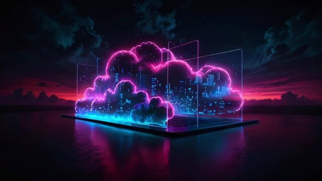 Modern digital infrastructure equipment, serverless technology, and hybrid cloud network, depicted in a generative AI looping video.