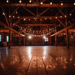 A large, empty room with a wooden floor and a ceiling full of lights