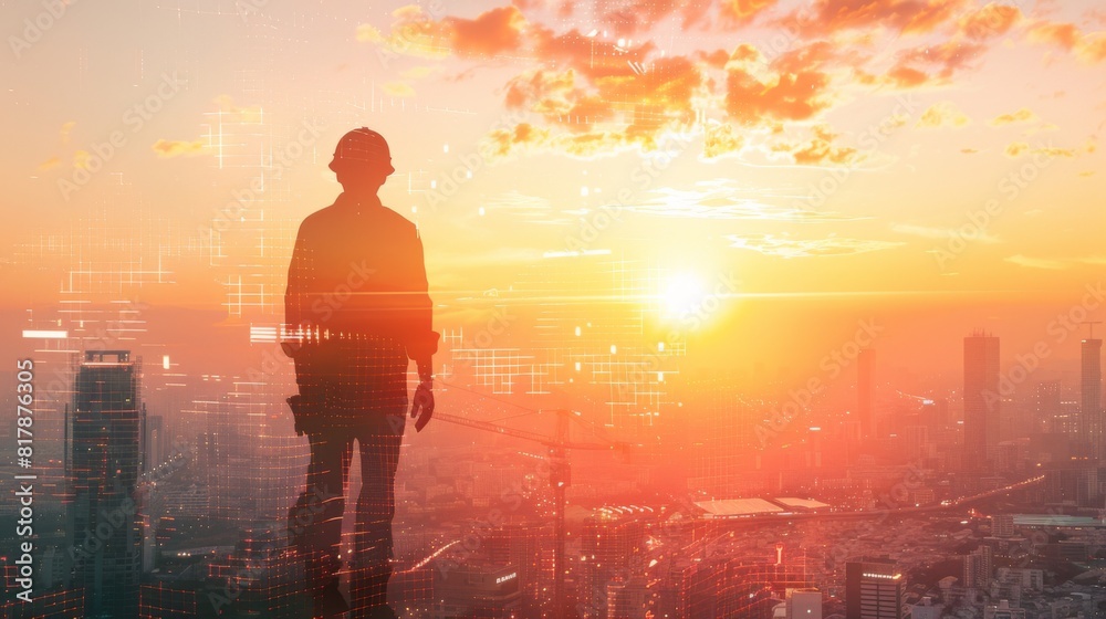 Poster the double exposure image of the engineer standing back during sunrise overlay with cityscape image.