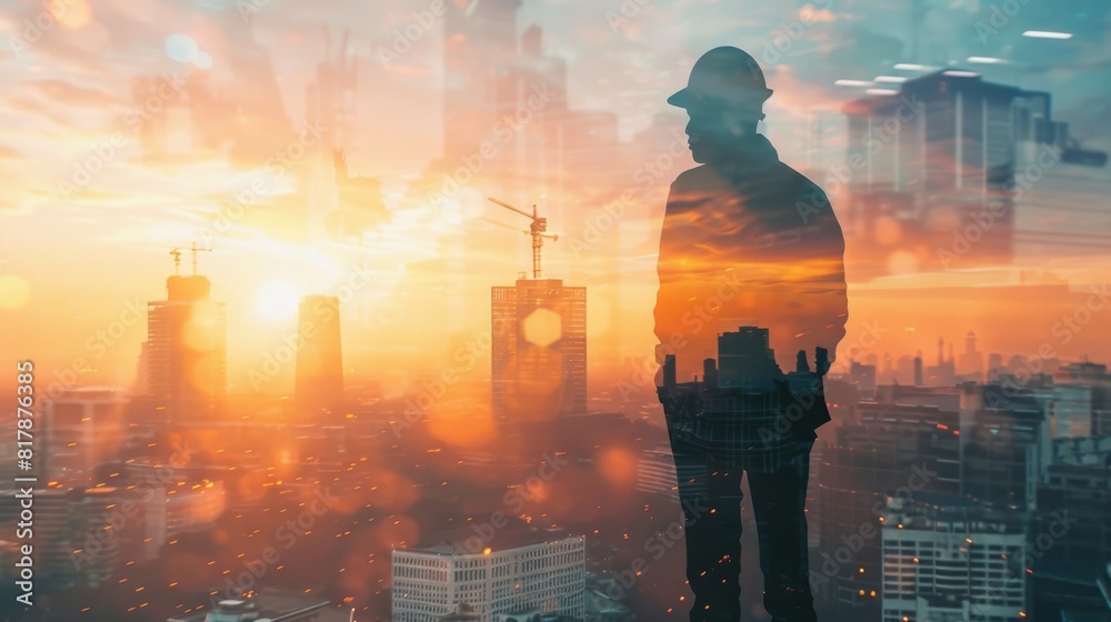 Poster the double exposure image of the engineer standing back during sunrise overlay with cityscape image.