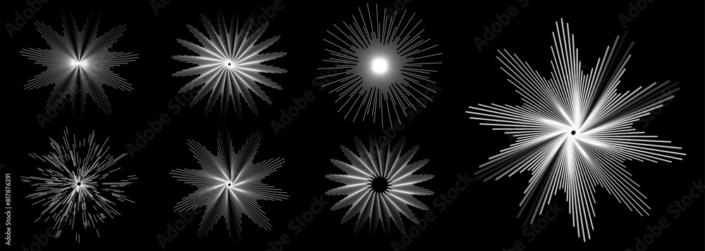 Poster Abstract Circular Geometric Shapes. Lines Star Burst Design. Round Dynamic Shape. Spiral Vector Illustration. Lines in Round Spirograph Form. Black and White Minimal Style Geometric Design.