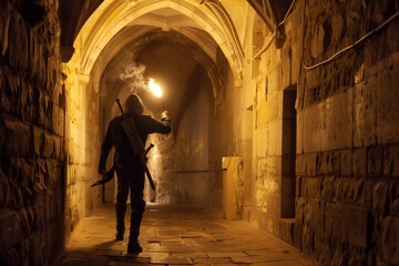 A hooded figure holding a torch explores a dimly lit stone corridor, armed with swords and dressed in medieval attire.