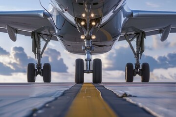 Close-up view of an airplane's landing gear during takeoff or landing on a runway, showcasing the aircraft's undercarriage against a cloudy sky.