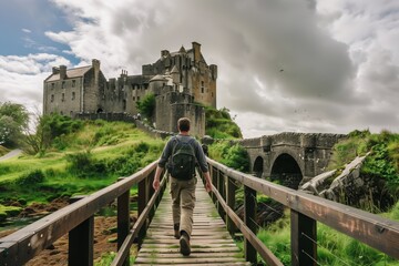 Person with backpack walking on wooden bridge toward historic castle under cloudy sky. - Powered by Adobe