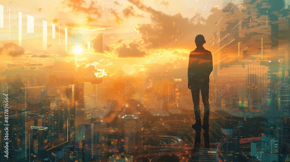 Poster the double exposure image of the engineer standing back during sunrise overlay with cityscape image.