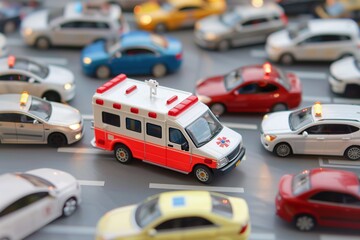 Toy ambulance navigating through toy car traffic, illustrating emergency situations and traffic congestion in a miniature setup.