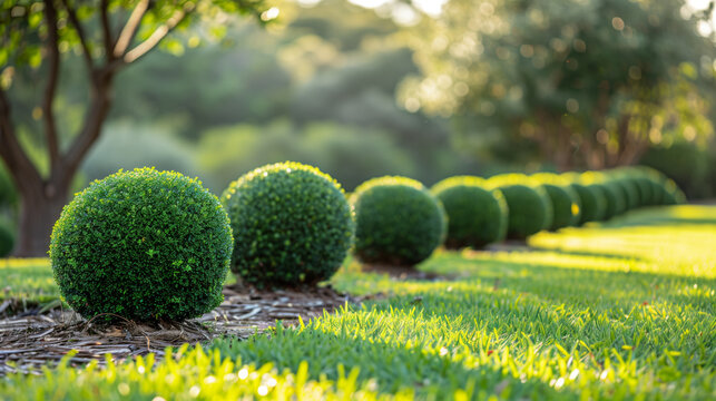 Buxus Sempervirens or Boxwood balls, Green garden fence, Evergreen buxus or box wood balls in a row, AI generated