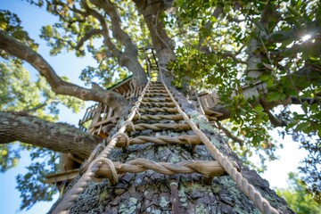 Fototapeta premium View of a treehouse with a rope ladder leading up the trunk, surrounded by lush green leaves. Branches spread out with a sunny sky in the background.