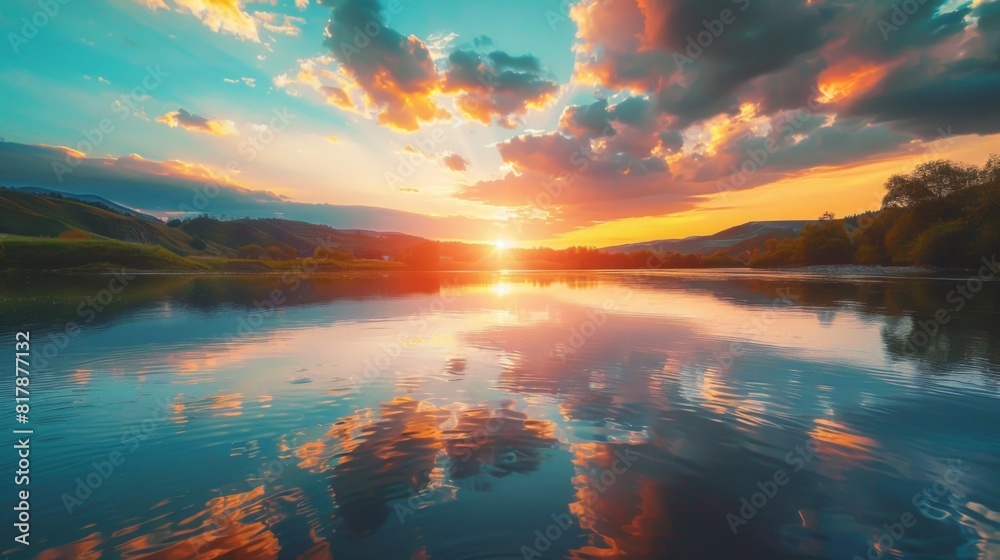 Poster tranquil river at sunset, with colorful clouds reflected in the calm water and the sun setting behin
