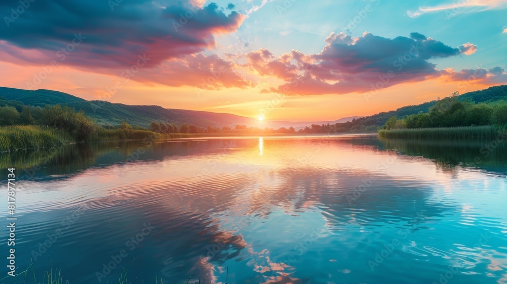 Poster tranquil river at sunset, with colorful clouds reflected in the calm water and the sun setting behin